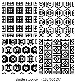 Set of 4 seamless patterns with geometric design elements. Black and white ornaments. Monochrome vector backgrounds, textures with optical illusion effects.	