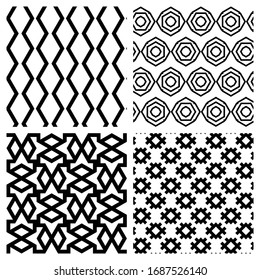 Set of 4 seamless patterns with geometric elements. Vector wallpapers. Black and white ornaments. Monochrome textures with optical illusion effects.	