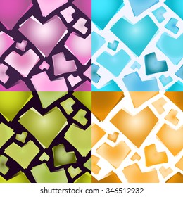 Set of 4 Seamless patterns with geometric hearts. St. Valentine's Day. Valentines Day card.