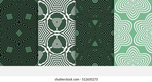 set of 4 seamless patterns. geometric pattern on green, backgrounds. optical illusion. vector illustration. for interior design, printed, wallpaper, fashion