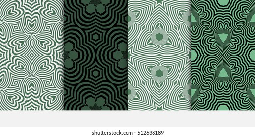 set of 4 seamless patterns. geometric pattern on green, backgrounds. optical illusion. vector illustration. for interior design, printed, wallpaper, fashion