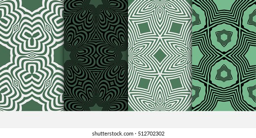 set of 4 seamless patterns. geometric pattern on green, backgrounds. optical illusion. vector illustration. for interior design, printed, wallpaper, fashion