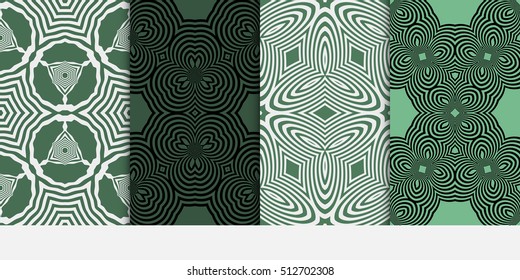 set of 4 seamless patterns. geometric pattern on green, backgrounds. optical illusion. vector illustration. for interior design, printed, wallpaper, fashion