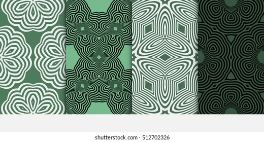 set of 4 seamless patterns. geometric pattern on green, backgrounds. optical illusion. vector illustration. for interior design, printed, wallpaper, fashion