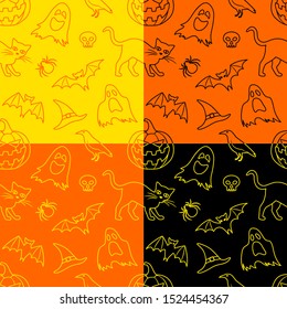 Set of 4 seamless patterns for Halloween. Seamless backgrounds with outline elements. Black, orange and yellow