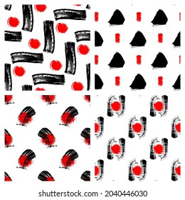 Set of 4 seamless patterns with hand drawn designs in Japanese style. Ink grunge textures vector wallpapers. 