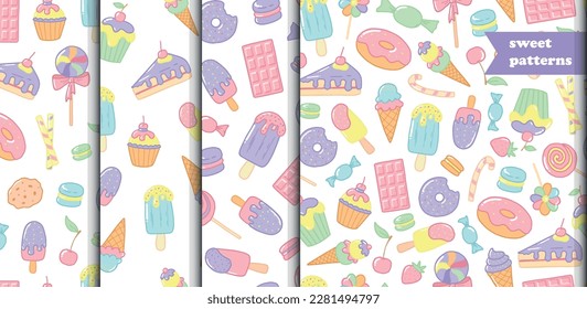 set of 4 seamless patterns with hand drawn sweet snacks doodles, cartoon elements, etc. Wallpaper, textile prints, scrapbooking, stationary, packaging, wrapping paper design. EPS 10
