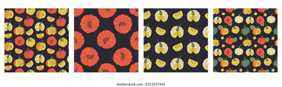 Set of 4 Seamless patterns with hand drawn colorful pumpkins. Thanksgiving day wallpapers bundle with black background.