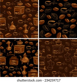 Set of 4 seamless patterns with handdrawn coffee cups, beans, grinder, coffee pot, calligraphic text COFFEE. Background design for cafe or restaurant menu.