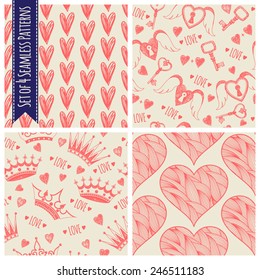 Set of 4 seamless patterns. Hearts. Valentine's Day.