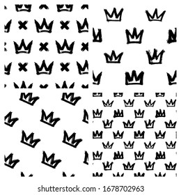 Set of 4 seamless patterns with ink painted crown doodles. Grunge graffiti street style vector wallpapers.	