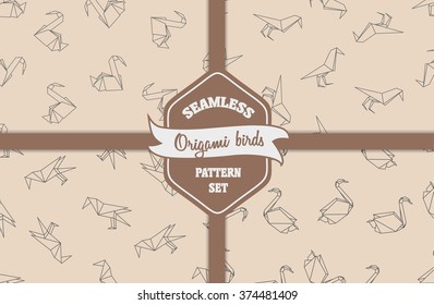 Set of 4 seamless patterns with japanese origami birds. Vector illustration can be used for backgrounds, textile prints, wallpapers and wrapping paper