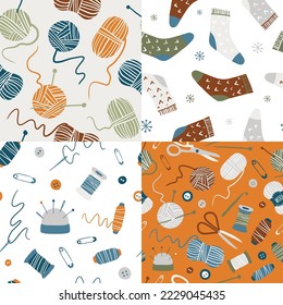 Set of 4 seamless patterns with knitting and needle work elements: yarn balls, socks, scissors, threads. Vector textures. Hand drawn flat hobby tools illustrations. Handmade concept