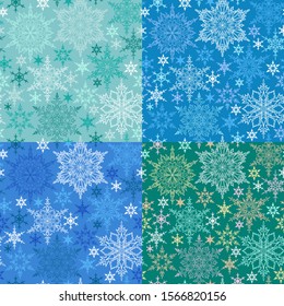 Set of 4 seamless patterns with linear style snowflakes on blue and green background. Winter endless textures with snow. Christmas and New Year textile, wrapping paper design.