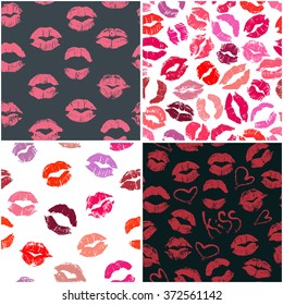 Set of 4 seamless patterns with lipstick kisses. Colorful imprints of real lipstick textures. Can be used for design of fabric print, wrapping paper or romantic greeting card