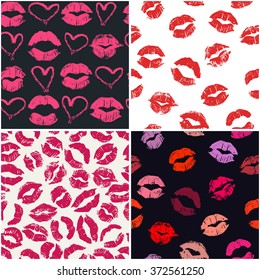 Conjunto de 4 patrones sin fisuras con besos de pintalabios. Impresiones coloridas de texturas de pintalabios reales. Se puede utilizar para el diseño de impresión de tela, papel envolvente o tarjeta de saludo romántico