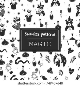 Set with 4 seamless patterns. Magic theme