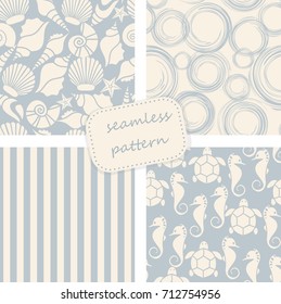 Set of 4 seamless patterns in marine style. Hand drawn. Vector illustration can be used for ceramic tile, wallpaper, textile, invitation, greeting card, web page background.