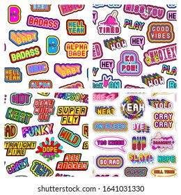 Set of 4 seamless patterns with modern slang phrases, words. Quirky cartoon comic style of 80-90s. White background. Vector wallpapers.