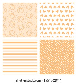 Set of 4 seamless patterns with pumpkins, hearts, stripes and dots