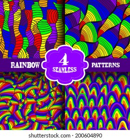 Set of 4 seamless patterns in rainbow colors with abstract waves, design elements. Multicolor patterns for wedding invitations, greeting cards, scrapbooking, print, gift wrap, manufacturing.