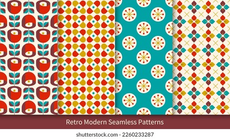 Set of 4 seamless patterns with retro modern motifs and colors. For textile, wallpaper, packaging, wrapping paper, etc.