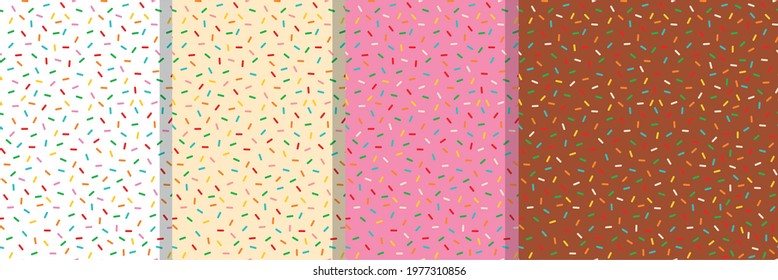 Set of 4 seamless patterns of sprinkling donuts. Pink, chocolate, cream and white background. Vector illustration.