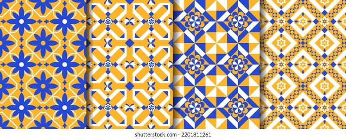 Set of 4 seamless patterns in the style of Portuguese tiles made in bright blue and yellow colors