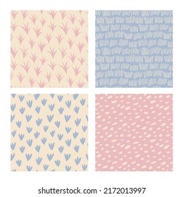 Set of 4 seamless patterns with stylised grass and smooth stones. Design for prints, wrapping paper, backgrounds, scrapbooking, textile.