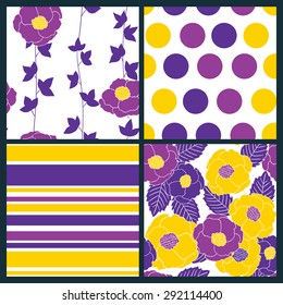  Set of 4 seamless patterns with stylized flowers and leaves, polka dot and stripes.
