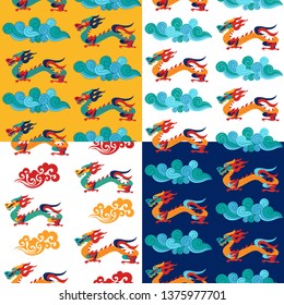 Set of 4 seamless patterns. Traditional Chinese pattern with Chinese dragons. Vintage abstract seamless pattern with China. Textile design. Textile ornament. Richly decorated with beautiful texture. 
