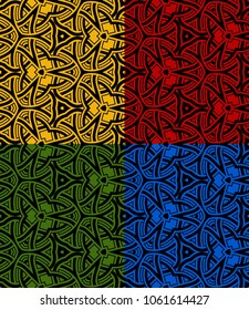 Set of 4 seamless patterns with trendy black ornament on yellow, red, green, and blue backgrounds