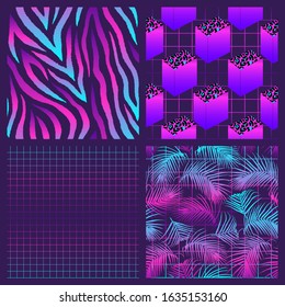 Set of 4 seamless patterns with tropical palm leaves, polar lights, geometric elements, etc. Laser grid backgrounds. Futuristic digital vector wallpapers. Vaporwave, cyberpunk aesthetics.	