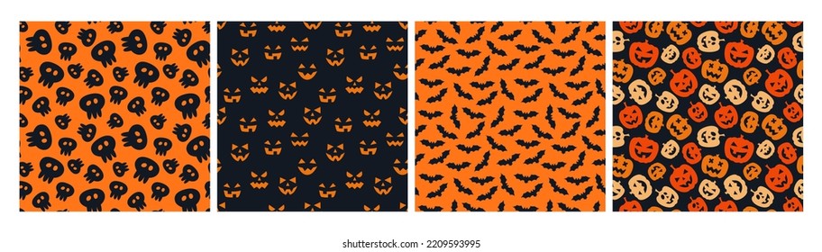 Set of 4 seamless patterns for wrapping paper, textile, cards, decoration, banners and other designs related to Halloween . Flat style vector illustration with pumpkins, bats and spooky faces