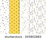 Set of 4 seamless patterns in yellow colors with geometric elements. Pattern in hipster style. Pattern is suitable for posters, postcards, fabric or wrapping paper