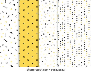 Set of 4 seamless patterns in yellow colors with geometric elements. Pattern in hipster style. Pattern is suitable for posters, postcards, fabric or wrapping paper