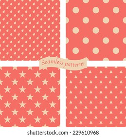 set of 4 seamless  polka dots patterns on retro red background