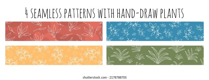 Set of 4 seamless rectangular patterns with white plants and flowers in minimalist style on colored backgrounds. Linear illustration. Background for printing, fabric, decorative tape and decoration.