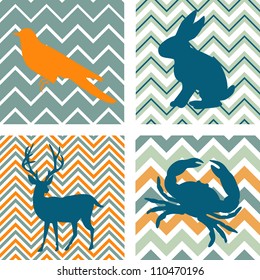 A set of 4 seamless retro patterns and 4 silhouettes of animals. Could be used as wall art.