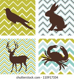 A set of 4 seamless retro patterns and 4 silhouettes of animals. Could be used as wall art.