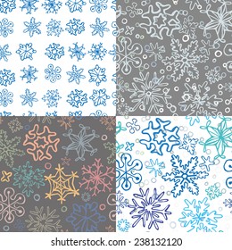 set of 4 seamless snowflake pattern of drawn by hand snowflakes and  for merry christmas cards and backgrouns, vector eps 8