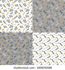 Set of 4 seamless spring patterns. Small and large floral background in gray and yellow.