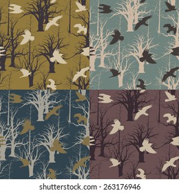 Set of 4 seamless textures. Birds in flight on park. Ukraine