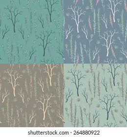 Set of 4 seamless textures with twigs and flowers. Ukraine