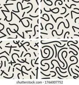 Set of 4 seamless trendy fashion abstract backgrounds in doodle style. Vector creative patterns
