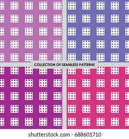 Set of 4 seamless vector abstract design with square patterns with the range of pink and purple color variations 