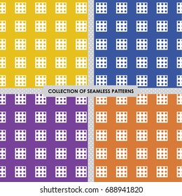 Set of 4 seamless vector abstract design with rectangle and dots pattern yellow, blue, orange and purple background
