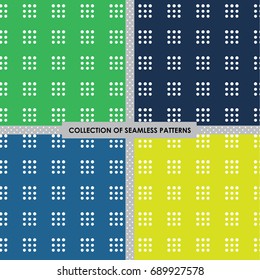 Set of 4 seamless vector abstract design with white dots patterns on green, yellow, blue and purple background