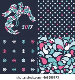 Set of 4 seamless vector background with decorative rooster. Print. Cloth design, wallpaper.