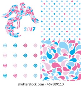 Set of 4 seamless vector background with decorative rooster. Print. Cloth design, wallpaper.